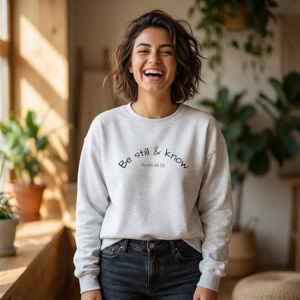 Be Still and Know Embroidered Sweatshirt — Double Sleeve Cross Design