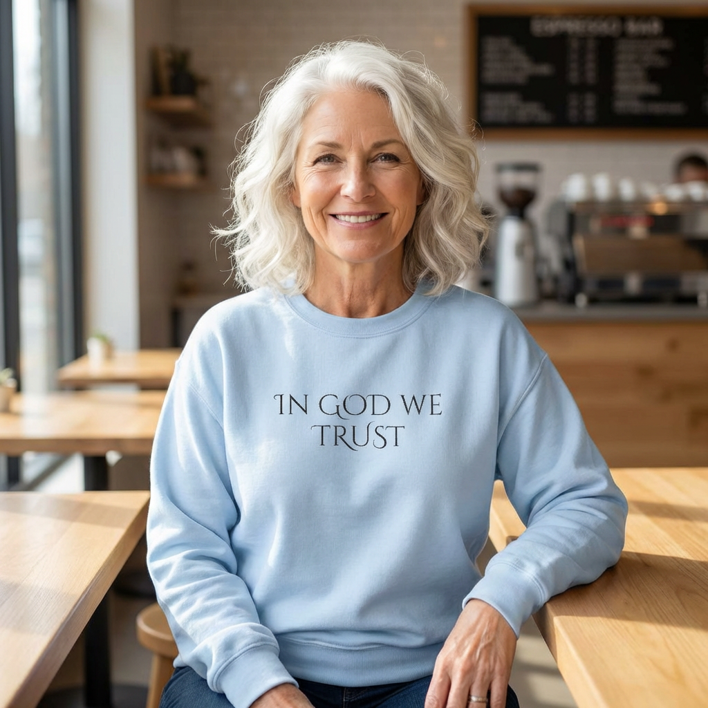 Embordered In God We Trust Crewneck Sweatshirt Faith-Based Minimalist Pullover