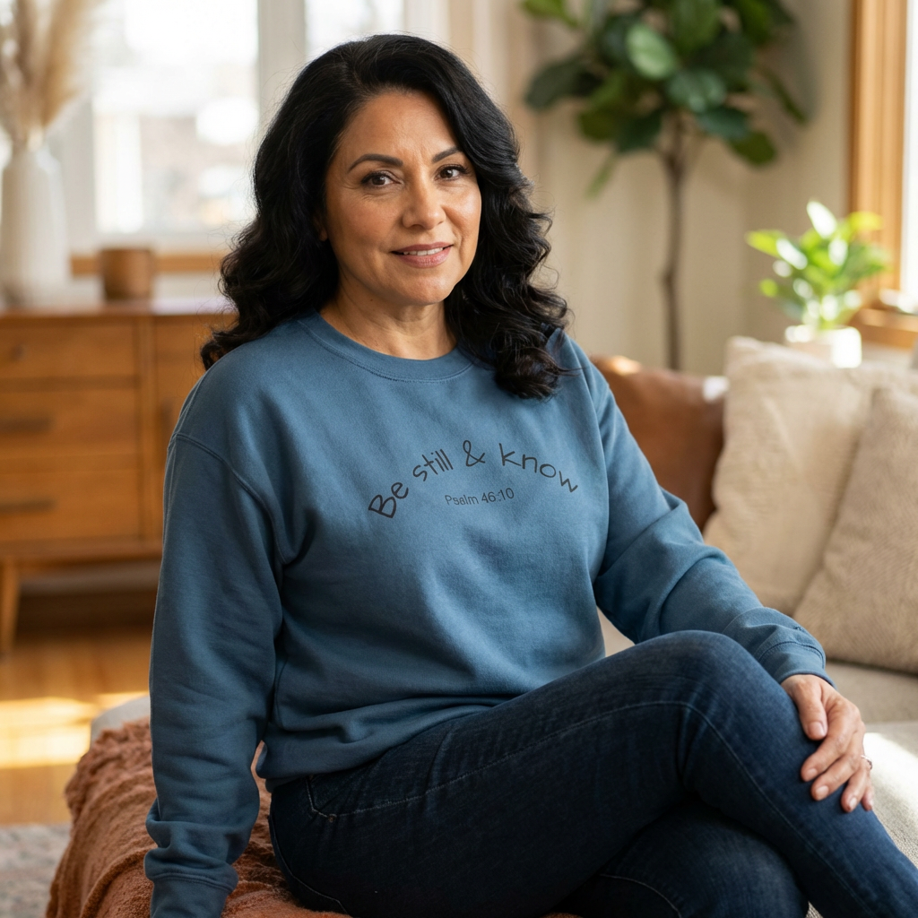 Be Still and Know Embroidered Sweatshirt — Double Sleeve Cross Design