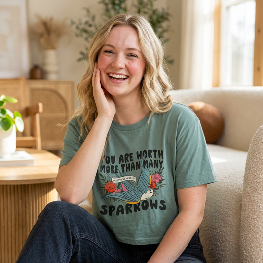 Crop Tee — "You Are Worth More Than Many Sparrows" Inspirational Floral Bird Tee