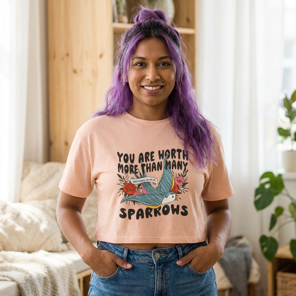 Crop Tee — "You Are Worth More Than Many Sparrows" Inspirational Floral Bird Tee