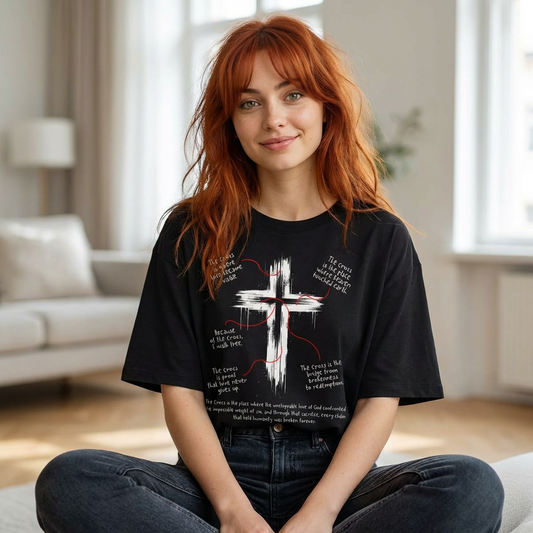 Oversized Christian Cross Brushstroke Tee — Faith Inspirational Graphic T-Shirt