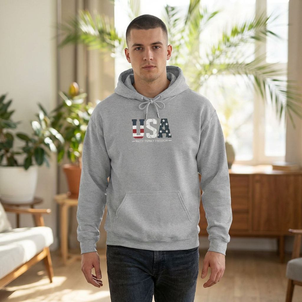 USA Faith Family Freedom Hoodie — Patriotic "U S A"  Pullover