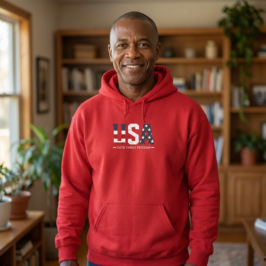 USA Faith Family Freedom Hoodie — Patriotic "U S A"  Pullover