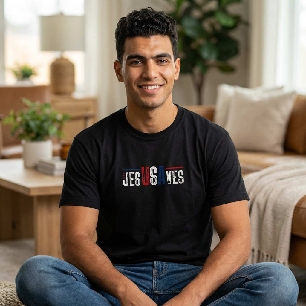 USA Jesus Saves Flag T‑Shirt — Red & Blue Vintage Lettering