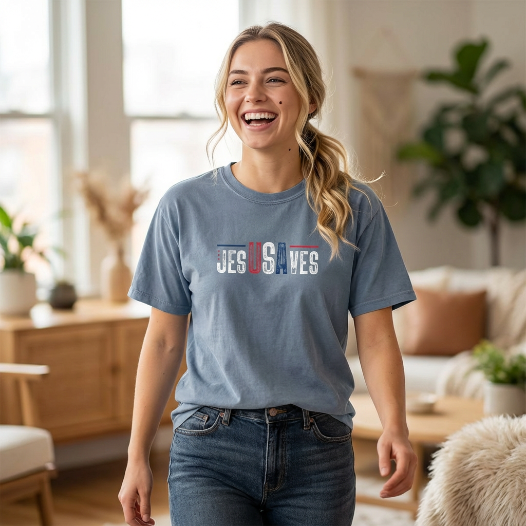 USA Jesus Saves Flag T‑Shirt — Red & Blue Vintage Lettering