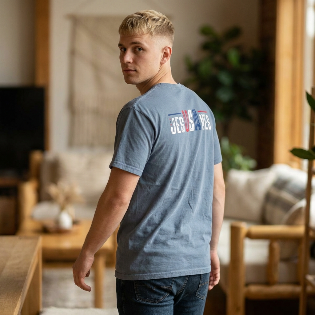 USA Jesus Saves Flag T‑Shirt — Red & Blue Vintage Lettering
