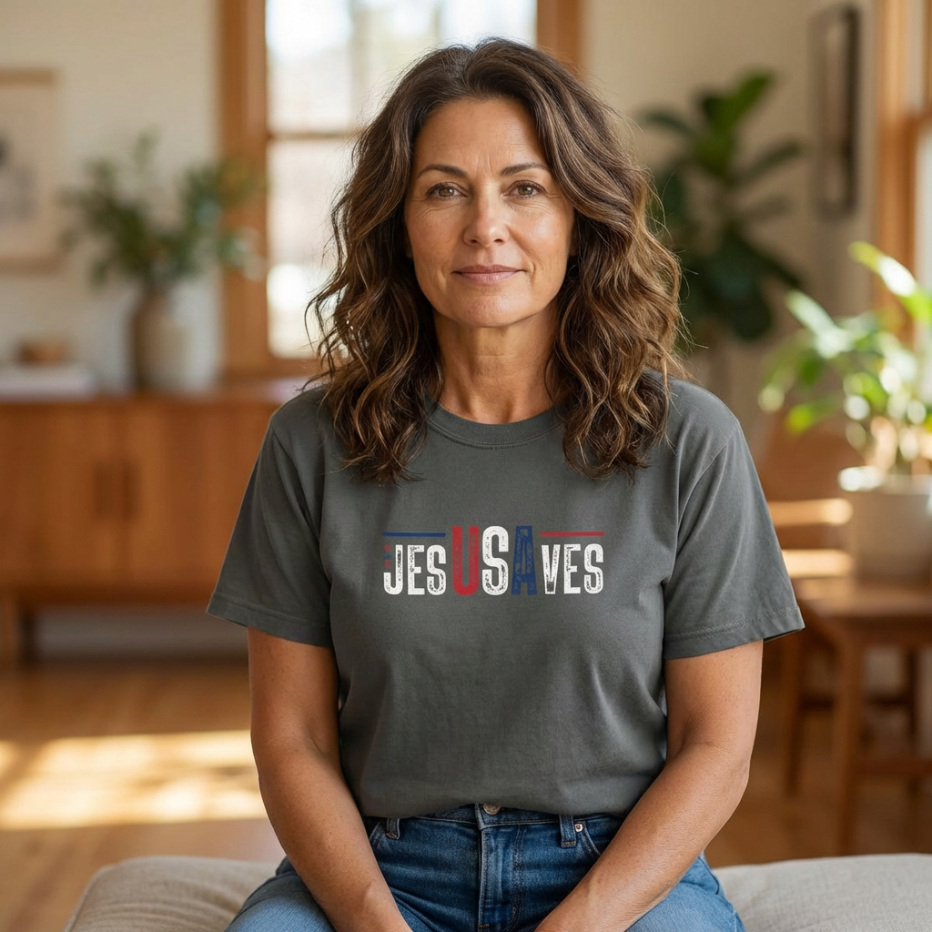USA Jesus Saves Flag T‑Shirt — Red & Blue Vintage Lettering
