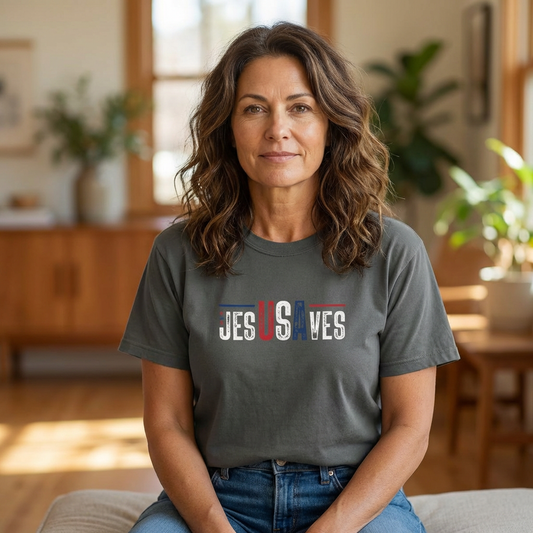 USA Jesus Saves Flag T‑Shirt — Red & Blue Vintage Lettering