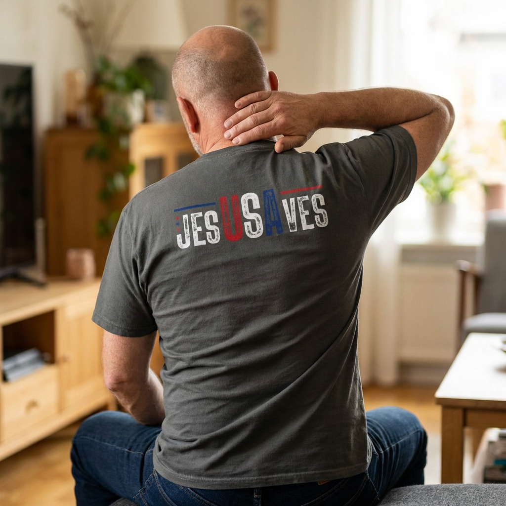 USA Jesus Saves Flag T‑Shirt — Red & Blue Vintage Lettering