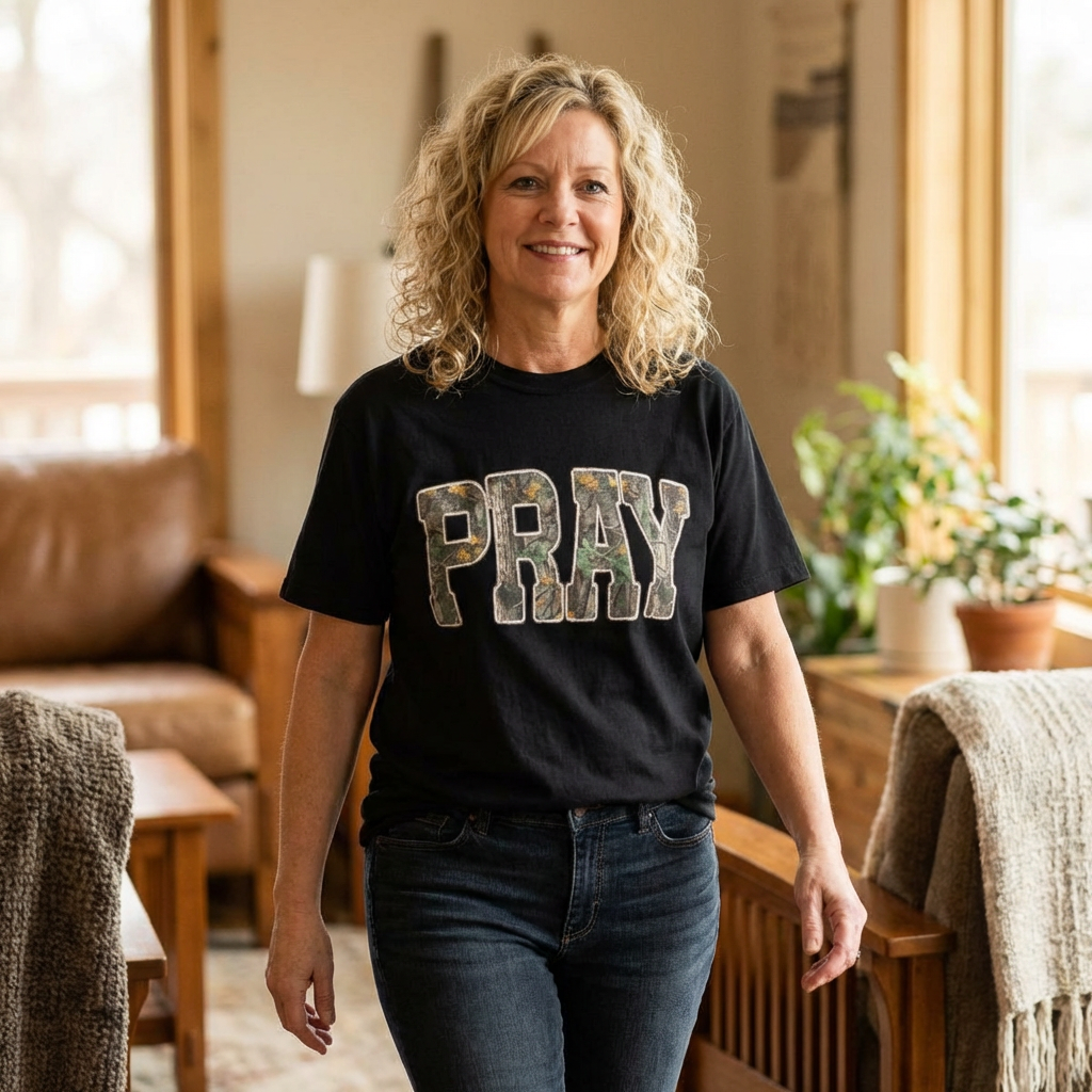 PRAY Camo Distressed Typography T-shirt | Christian Religious Shirt