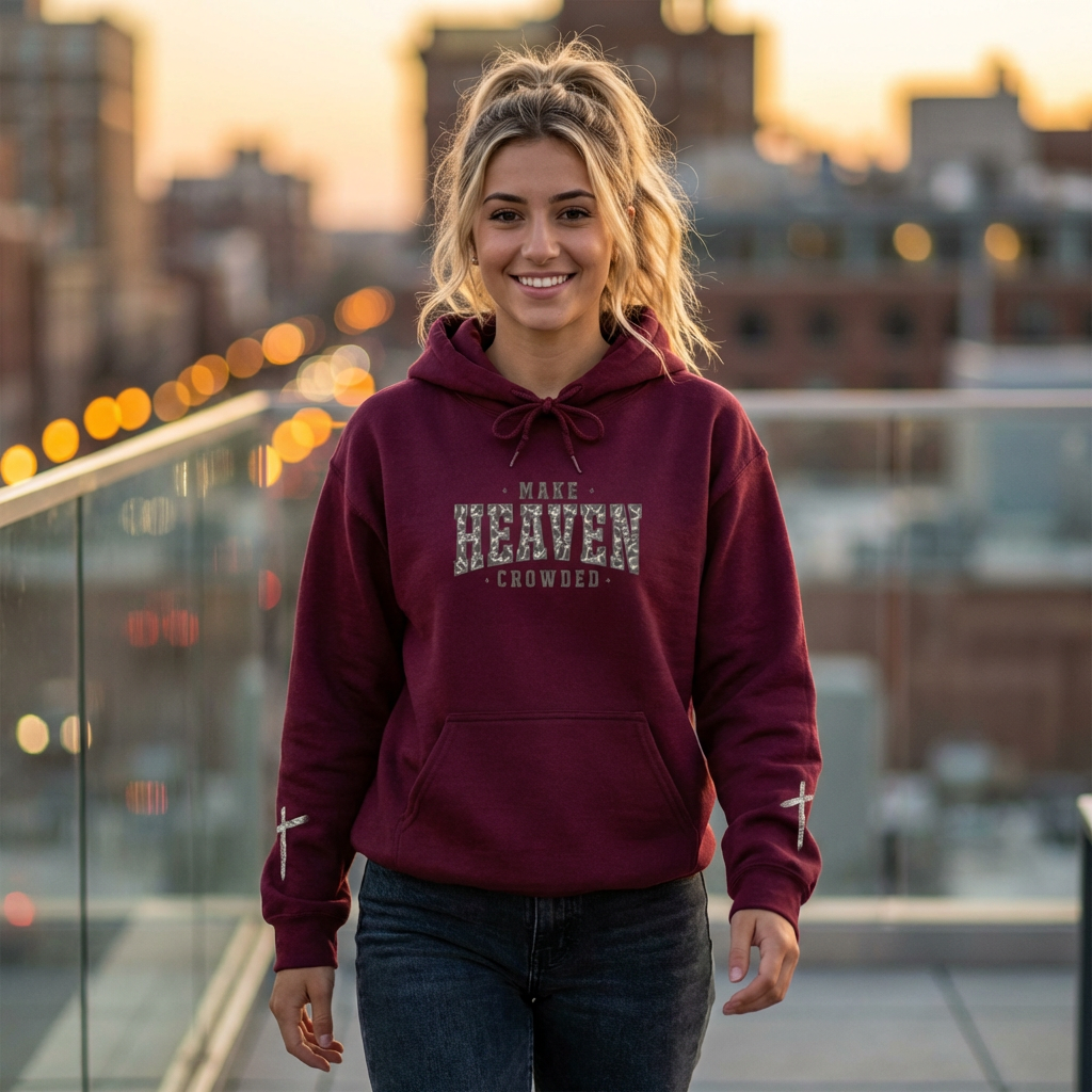 Make Heaven Crowded Camo Hoodie | Christian Duck Camo Front Back Sleeve Design