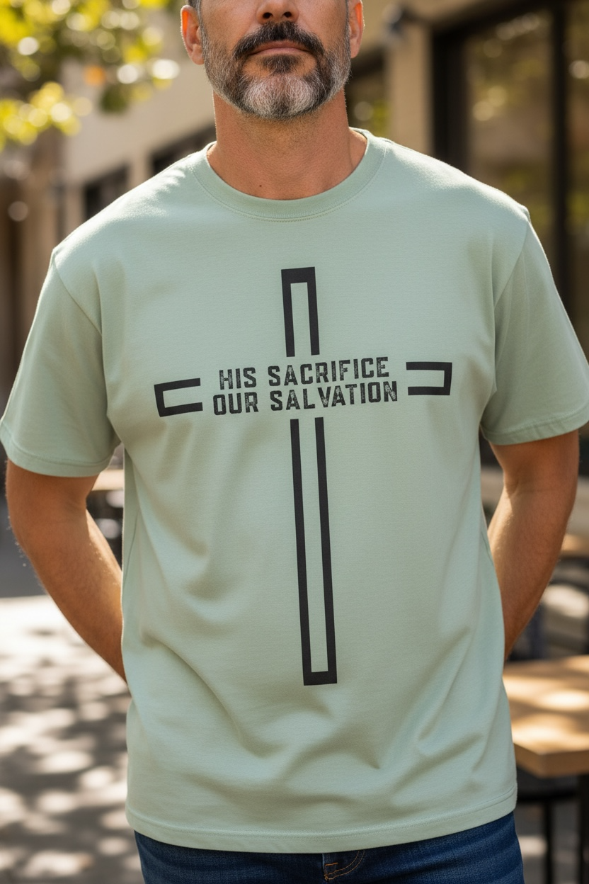 Christian Cross T‑Shirt — "His Sacrifice Our Salvation" Inspirational Tee
