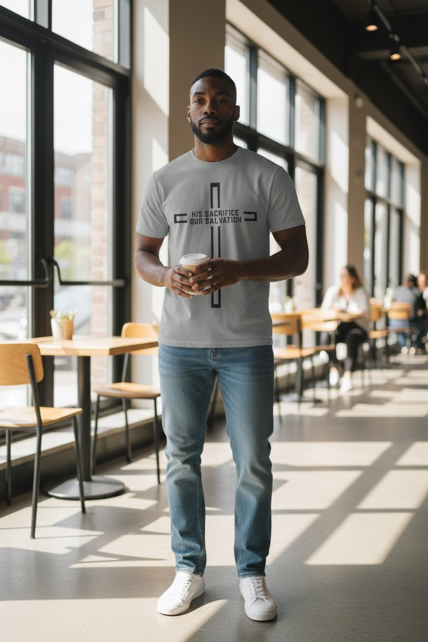 Christian Cross T‑Shirt — "His Sacrifice Our Salvation" Inspirational Tee