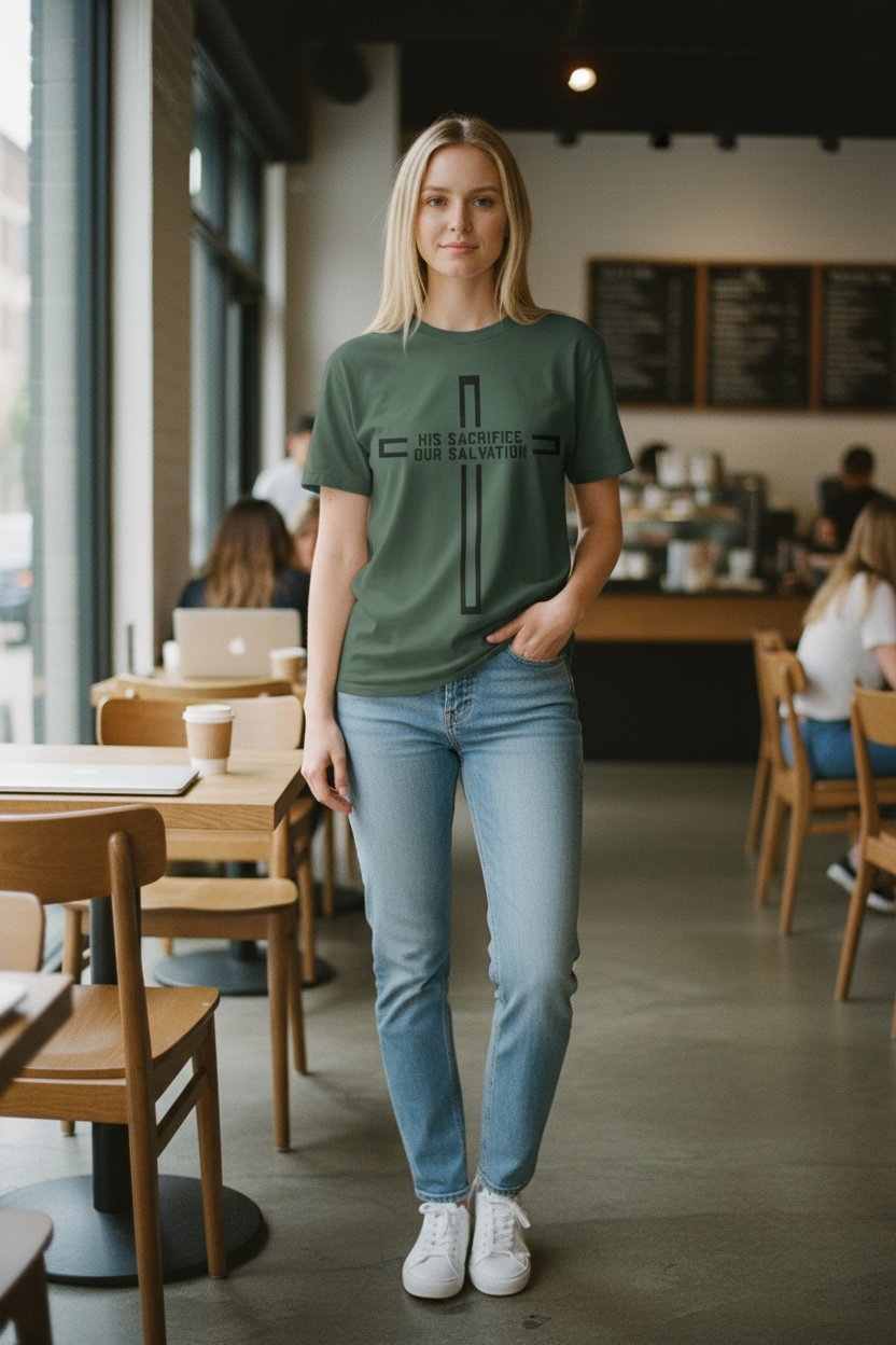 Christian Cross T‑Shirt — "His Sacrifice Our Salvation" Inspirational Tee