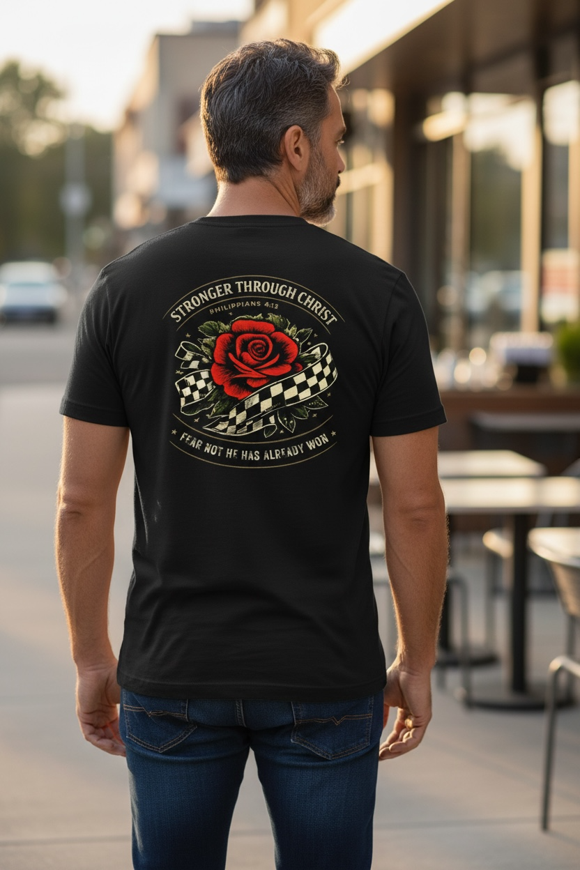 Stronger Through Christ T-Shirt — Rose & Checkered Ribbon Faith Tee