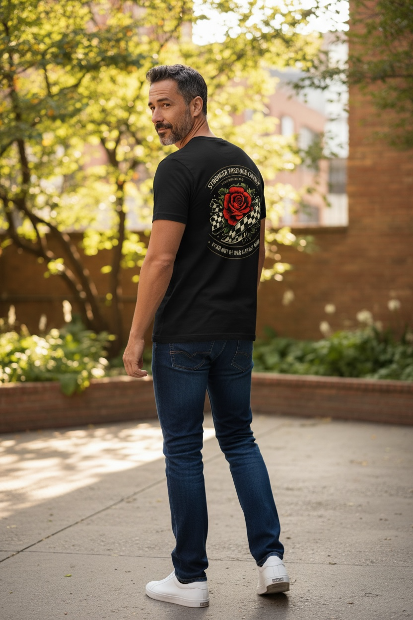 Stronger Through Christ T-Shirt — Rose & Checkered Ribbon Faith Tee
