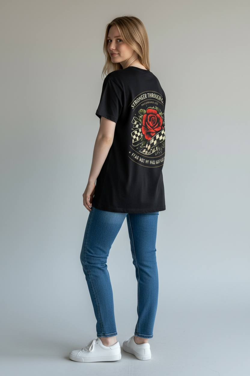 Stronger Through Christ T-Shirt — Rose & Checkered Ribbon Faith Tee