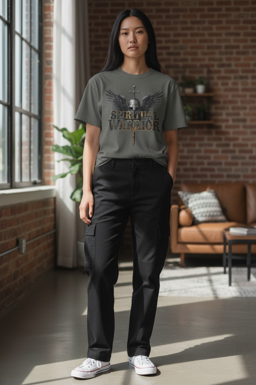 Spiritual Warrior T-Shirt — Winged Helmet & Sword Christian Faith Tee