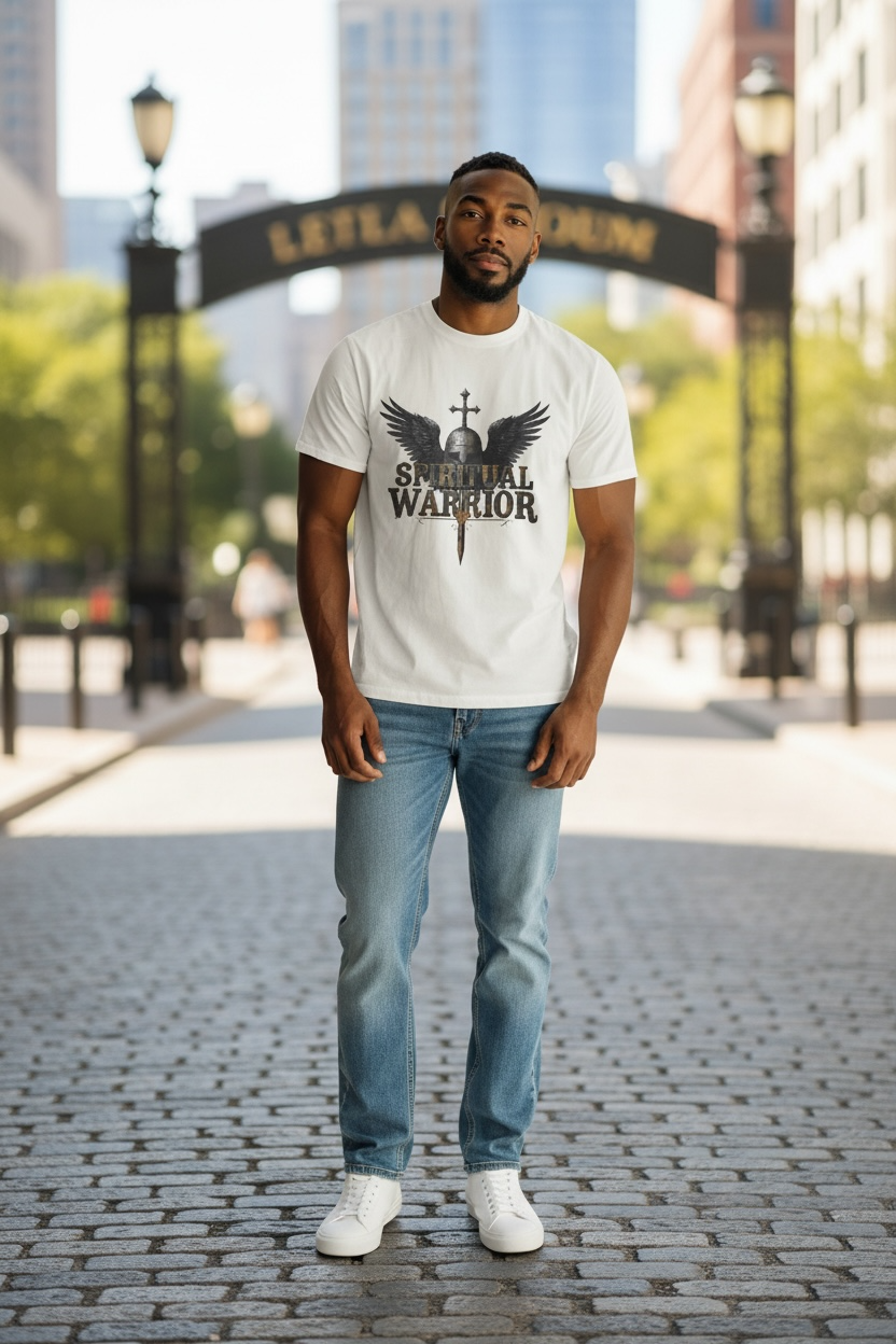 Spiritual Warrior T-Shirt — Winged Helmet & Sword Christian Faith Tee