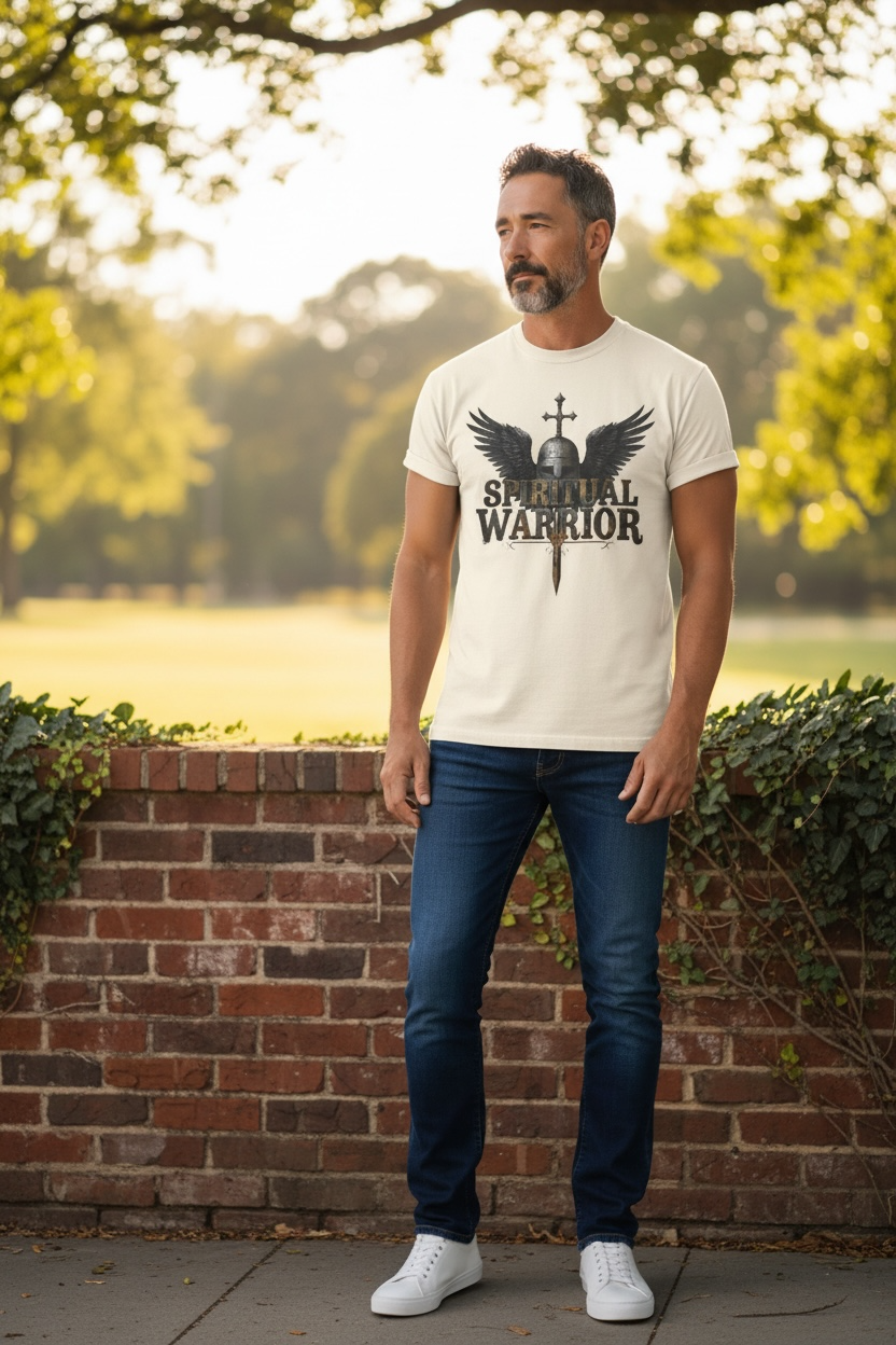 Spiritual Warrior T-Shirt — Winged Helmet & Sword Christian Faith Tee