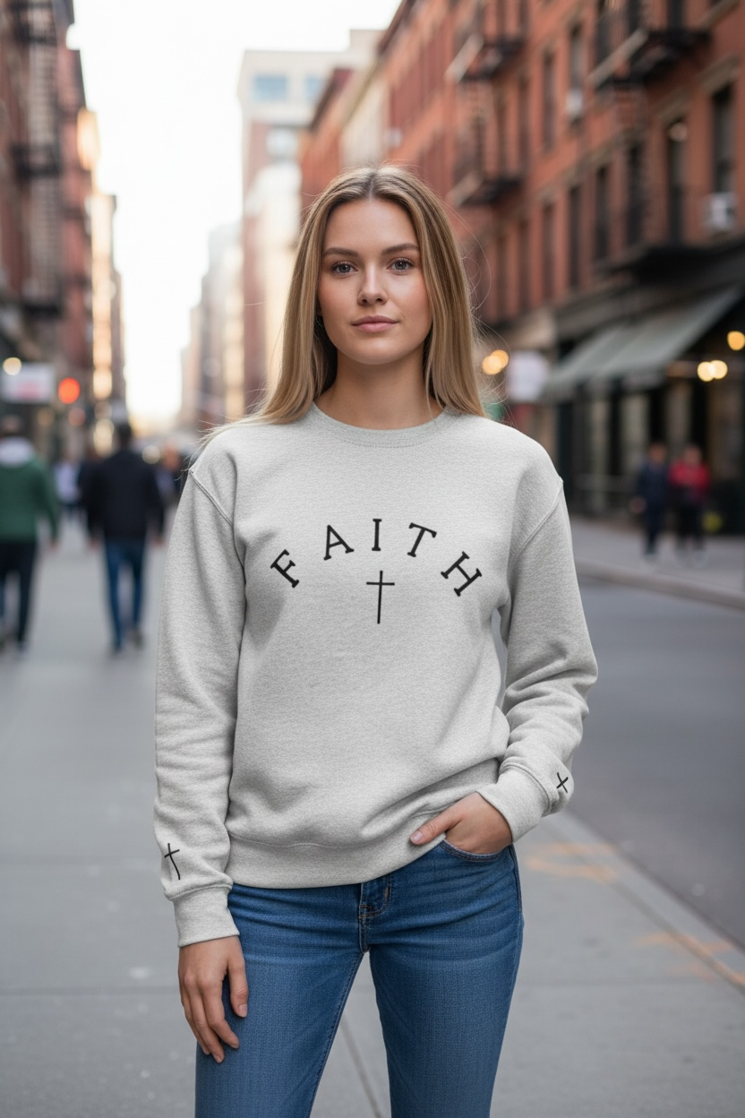 Faith Embroidered Crewneck Sweatshirt — Christian Cross Sleeve Fleece