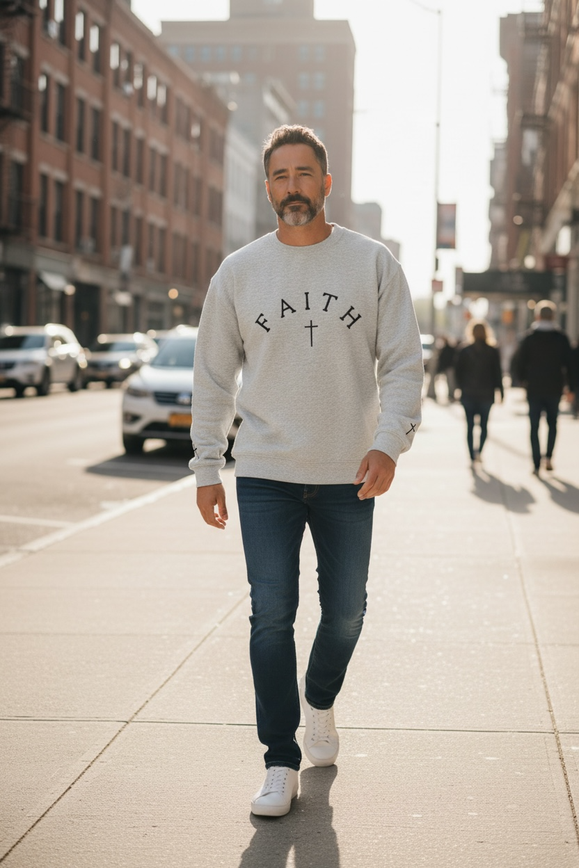 Faith Embroidered Crewneck Sweatshirt — Christian Cross Sleeve Fleece
