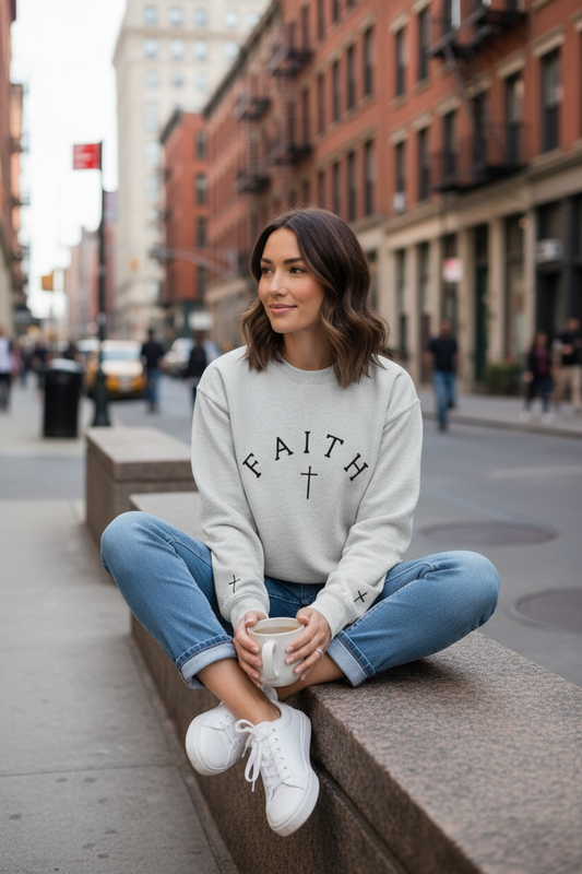 Faith Embroidered Crewneck Sweatshirt — Christian Cross Sleeve Fleece