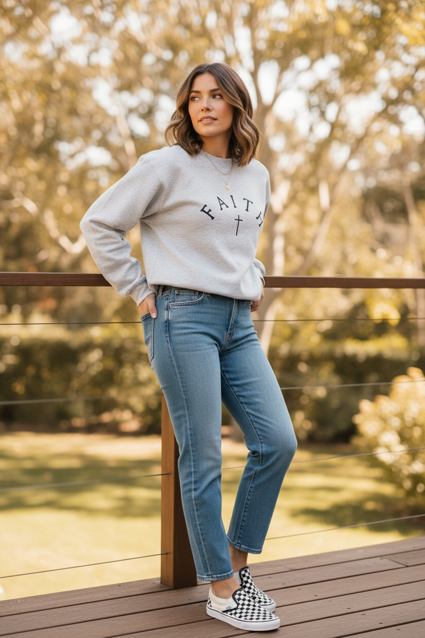 Faith Embroidered Crewneck Sweatshirt — Christian Cross Sleeve Fleece