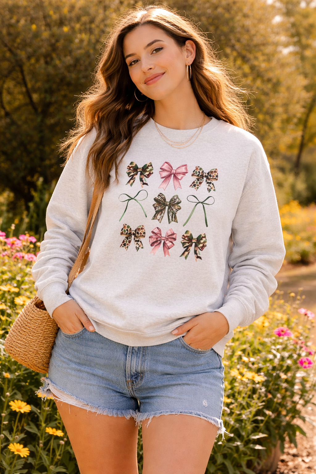 Camo Ribbons & Bows Crewneck Sweatshirt | Girls Camo Bows