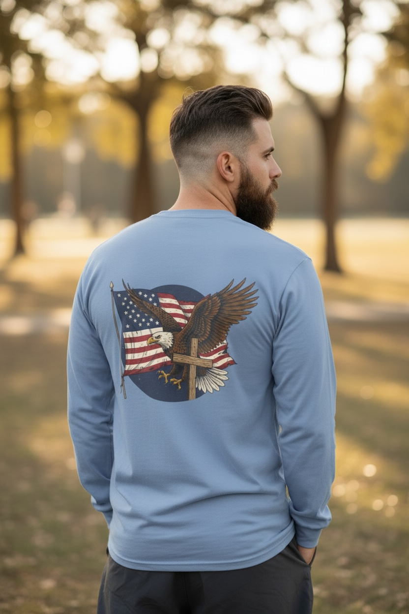 Patriotic Eagle Long Sleeve Tee — American Flag Graphic