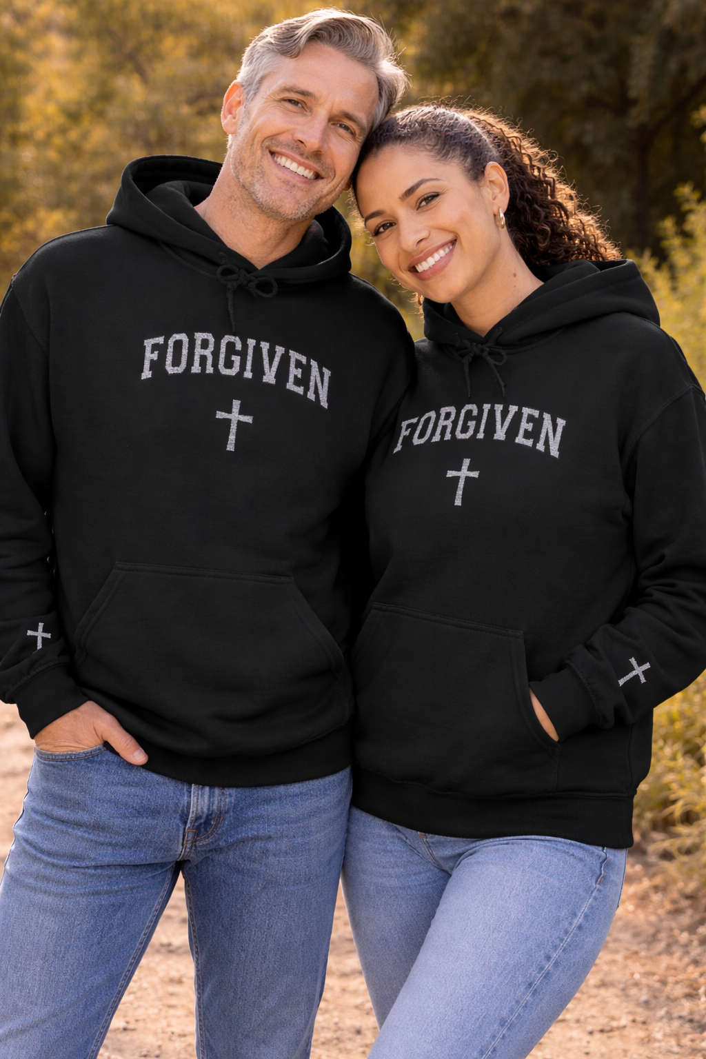 Embroidered Forgiven Cross Hoodie with sleeve design — Christian Faith Graphic Hoodie