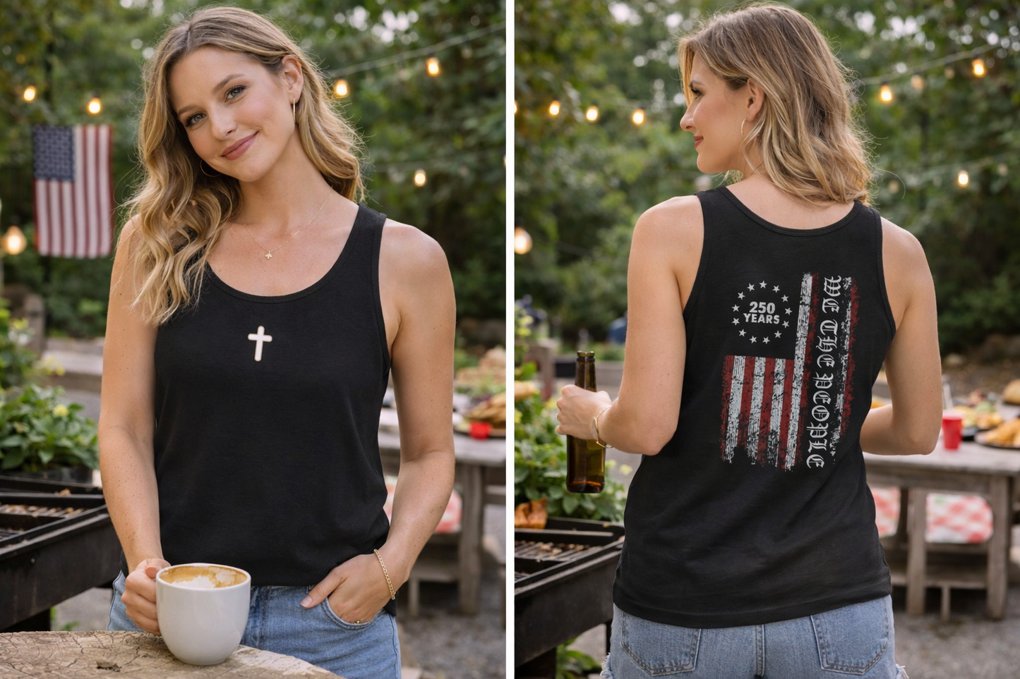 Distressed American Flag Tank Top with Small Cross — Patriotic 4th of July Jersey Tank