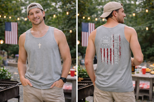 Distressed American Flag Tank Top with Small Cross — Patriotic 4th of July Jersey Tank