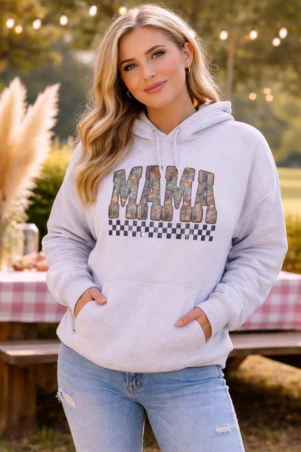 Mama Camo Checkered Hoodie — Stylish Fleece Pullover for Moms