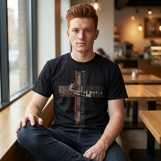 Christian Cross T-Shirt with Crown of Thorns — "He Conquered the World" Faith Tee