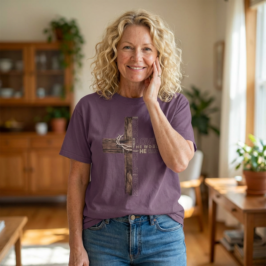 Christian Cross T-Shirt with Crown of Thorns — "He Conquered the World" Faith Tee