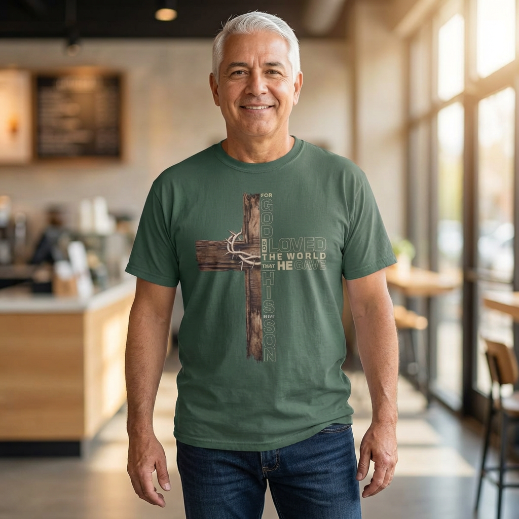 Christian Cross T-Shirt with Crown of Thorns — "He Conquered the World" Faith Tee