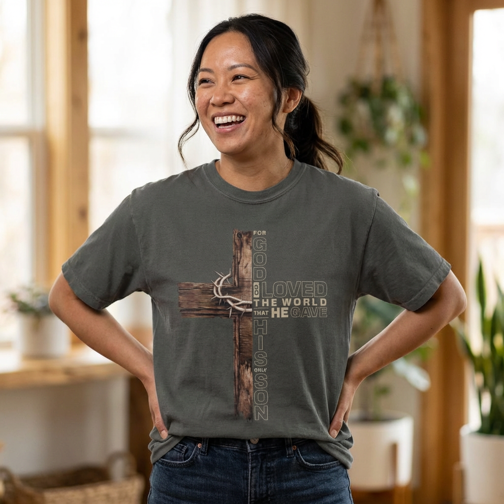 Christian Cross T-Shirt with Crown of Thorns — "He Conquered the World" Faith Tee