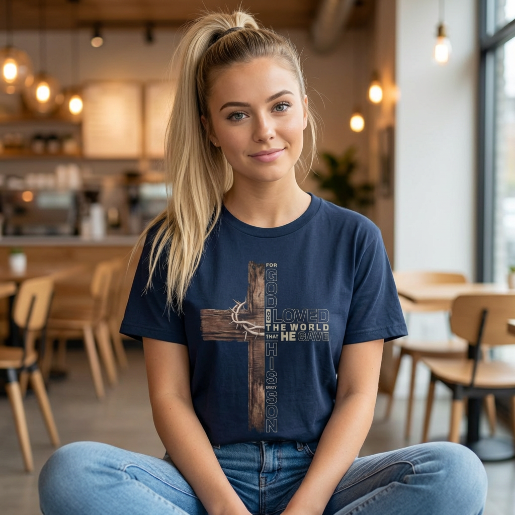 Christian Cross T-Shirt with Crown of Thorns — "He Conquered the World" Faith Tee