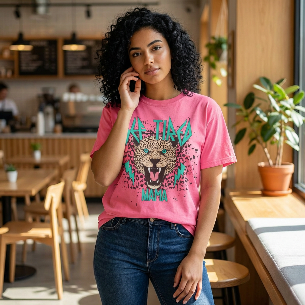 Tired Mama Roaring Leopard Graphic T-shirt | Retro Teal Lightning, Animal Print