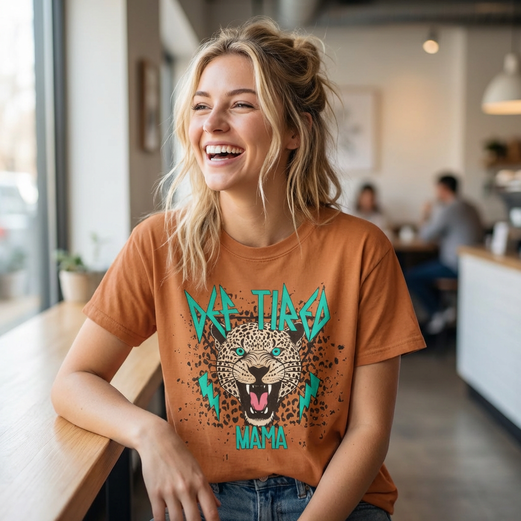 Tired Mama Roaring Leopard Graphic T-shirt | Retro Teal Lightning, Animal Print
