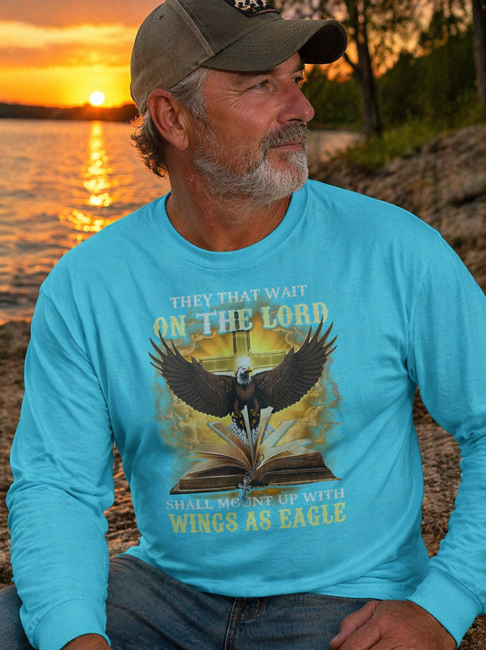 Christian Eagle Long Sleeve Shirt — "On The Lord Wings As Eagles" Graphic