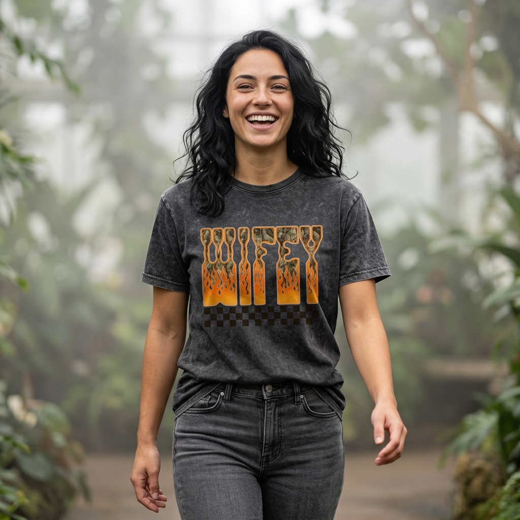 Wifey checkered Flame Graphic T-Shirt Checkerboard mineral wash