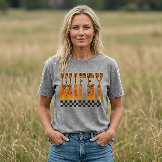 Wifey checkered Flame Graphic T-Shirt Checkerboard mineral wash