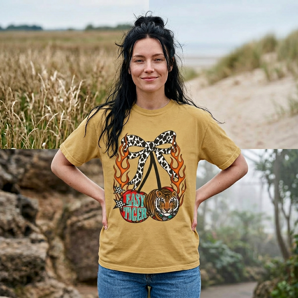 Easy Tiger Graphic T-Shirt | Retro Flaming Bow, Leopard Print, Tiger Head Western Shirts