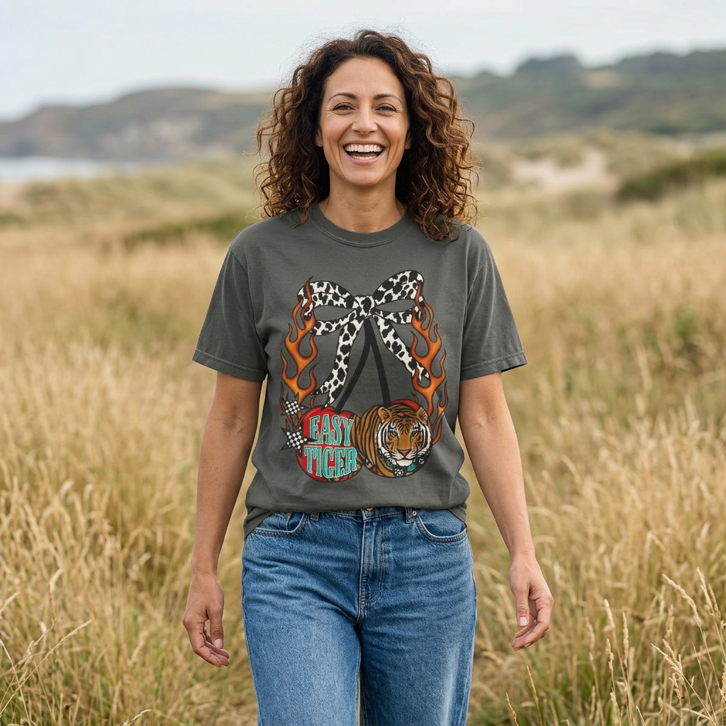 Easy Tiger Graphic T-Shirt | Retro Flaming Bow, Leopard Print, Tiger Head Western Shirts