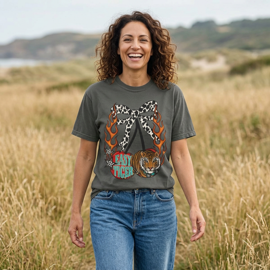 Easy Tiger Graphic T-Shirt | Retro Flaming Bow, Leopard Print, Tiger Head Western Shirts