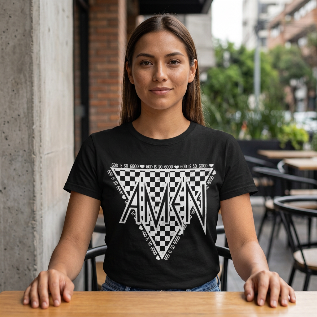 AMEN Triangle Checkerboard T-shirt | Retro Geometric Graphic Tee