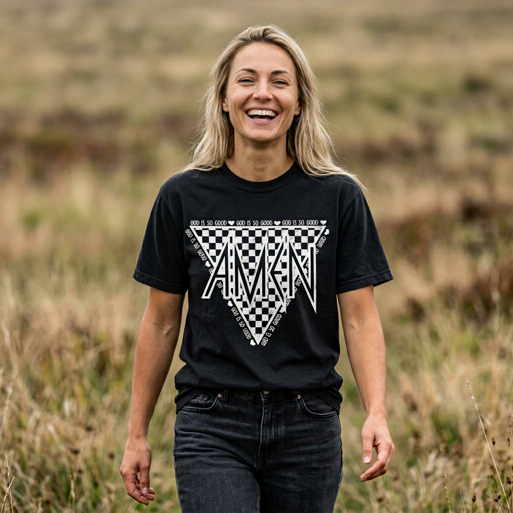 AMEN Triangle Checkerboard T-shirt | Retro Geometric Graphic Tee